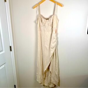 Blashe Linen Blend Smocked Open Tie Back Flowy‎ Summer Midi Dress Large Tan NWT